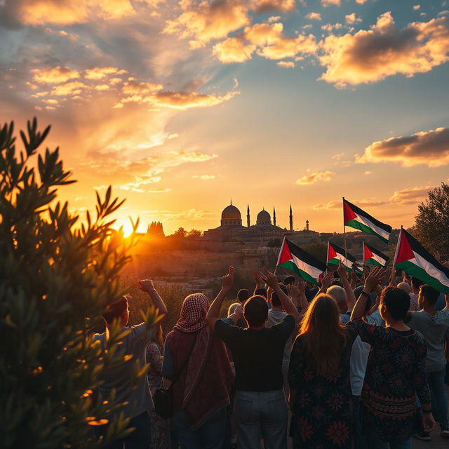 A powerful and inspiring scene symbolizing hope and resilience, featuring a majestic sunset over the Palestinian landscape