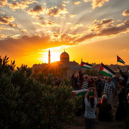 A powerful and inspiring scene symbolizing hope and resilience, featuring a majestic sunset over the Palestinian landscape
