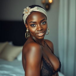 A captivating 25-year-old woman with light black skin, featuring very large breasts, elegantly dressed in stylish lingerie that showcases her confident demeanor