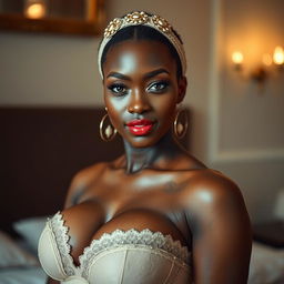 A captivating 25-year-old woman with light black skin, featuring very large breasts, elegantly dressed in stylish lingerie that showcases her confident demeanor
