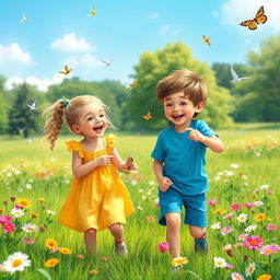 Two young friends, a boy and a girl, happily playing in a vibrant park filled with blooming flowers and lush green grass