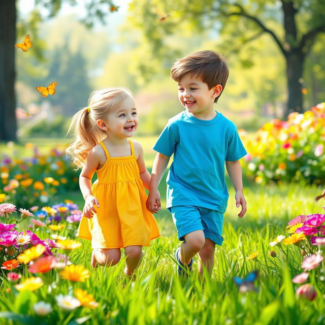 Two young friends, a boy and a girl, happily playing in a vibrant park filled with blooming flowers and lush green grass
