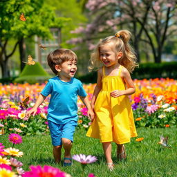 Two young friends, a boy and a girl, happily playing in a vibrant park filled with blooming flowers and lush green grass