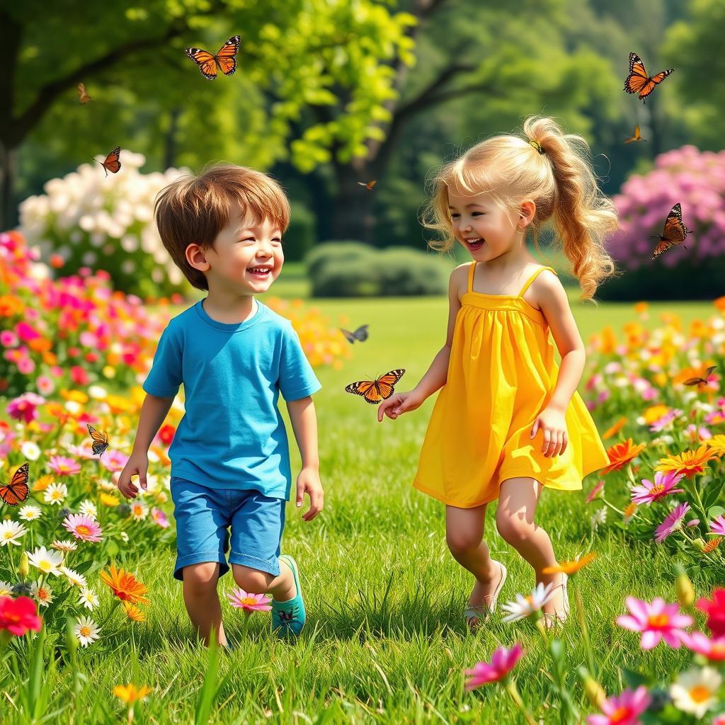 Two young friends, a boy and a girl, happily playing in a vibrant park filled with blooming flowers and lush green grass