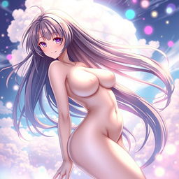A beautiful anime girl with long flowing hair, fully nude and posed artistically