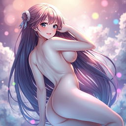 A beautiful anime girl with long flowing hair, fully nude and posed artistically