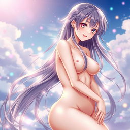 A beautiful anime girl with long flowing hair, fully nude and posed artistically
