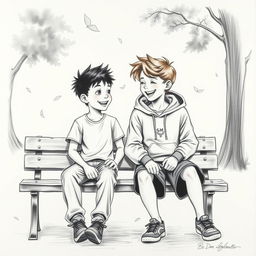 A charcoal drawing of two 12-year-old boy friends, captured in a moment of camaraderie and laughter