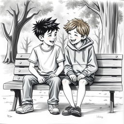 A charcoal drawing of two 12-year-old boy friends, captured in a moment of camaraderie and laughter