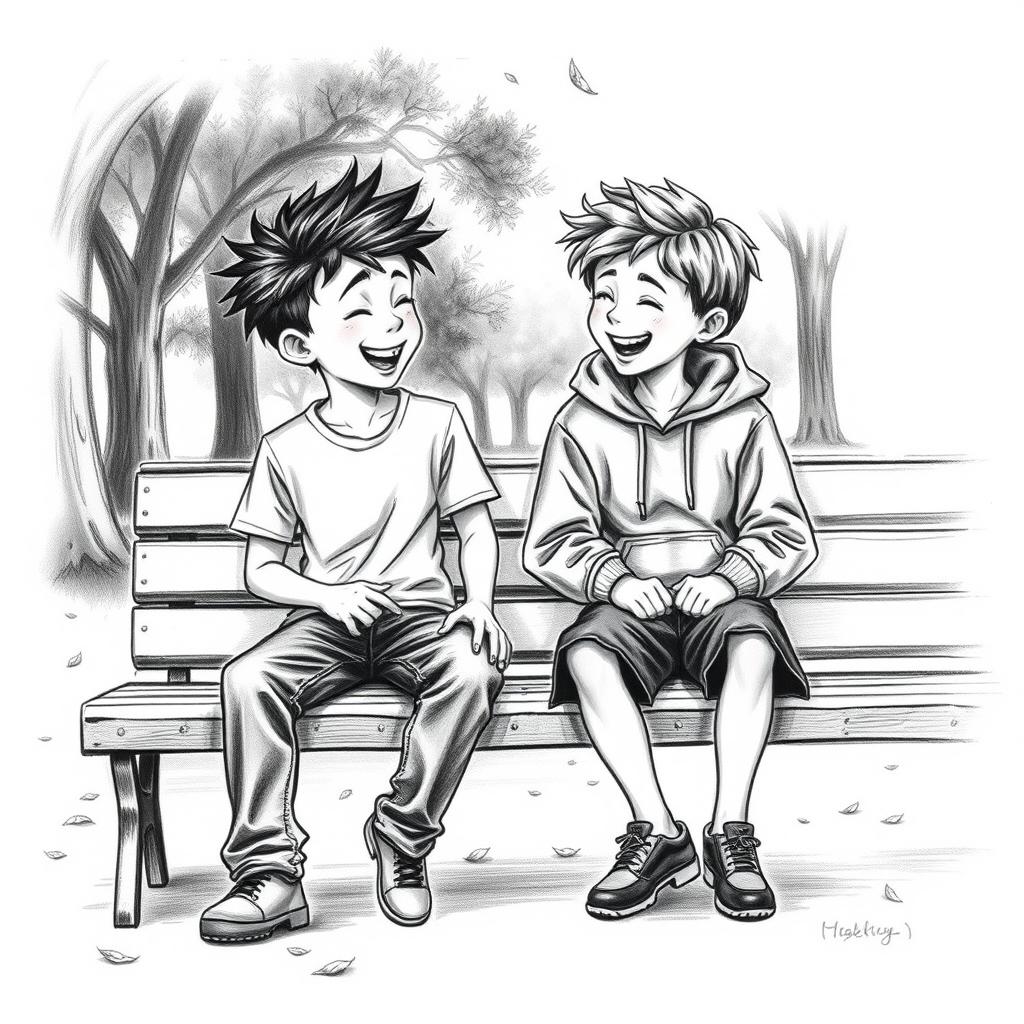 A charcoal drawing of two 12-year-old boy friends, captured in a moment of camaraderie and laughter