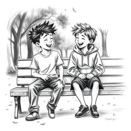A charcoal drawing of two 12-year-old boy friends, captured in a moment of camaraderie and laughter