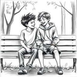 A charcoal drawing of two 12-year-old boy friends, captured in a moment of camaraderie and laughter