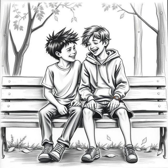 A charcoal drawing of two 12-year-old boy friends, captured in a moment of camaraderie and laughter