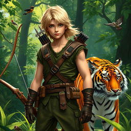 A young blonde human ranger standing confidently in a lush forest, with an intense expression