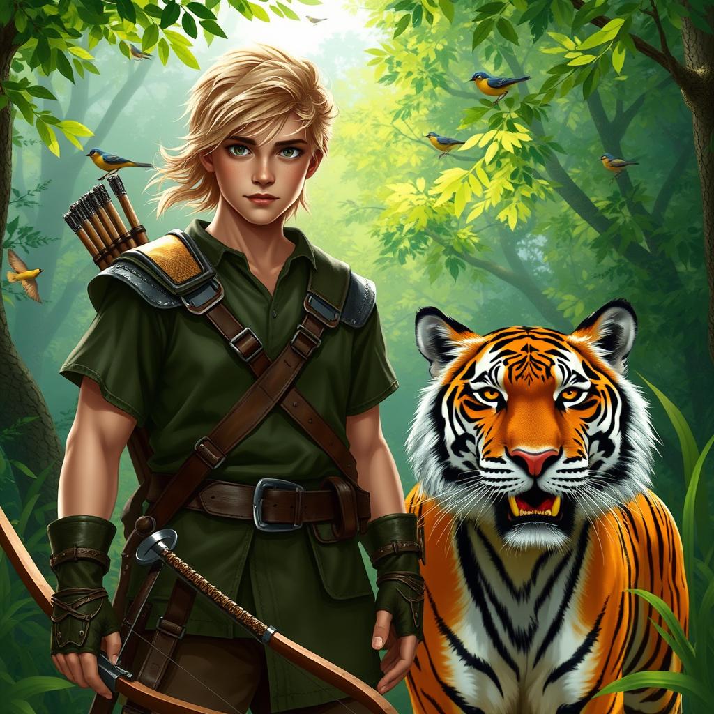 A young blonde human ranger standing confidently in a lush forest, with an intense expression