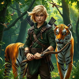A young blonde human ranger standing confidently in a lush forest, with an intense expression
