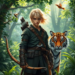 A young blonde human ranger standing confidently in a lush forest, with an intense expression