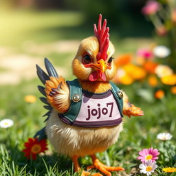 A cute little chicken that looks very realistic, wearing a trendy and stylish girl’s outfit