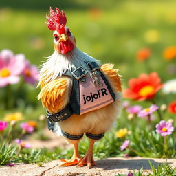 A cute little chicken that looks very realistic, wearing a trendy and stylish girl’s outfit