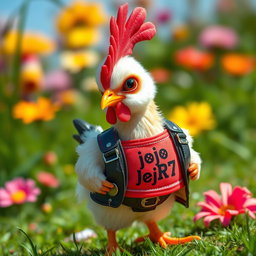 A cute little chicken that looks very realistic, wearing a trendy and stylish girl’s outfit