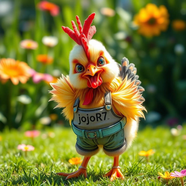 A cute little chicken that looks very realistic, wearing a trendy and stylish girl’s outfit
