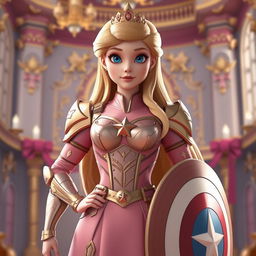A 3D animation style image inspired by Disney CGI featuring Princess Aurora from 'Sleeping Beauty,' standing confidently