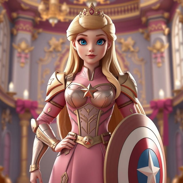 A 3D animation style image inspired by Disney CGI featuring Princess Aurora from 'Sleeping Beauty,' standing confidently