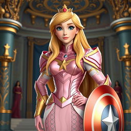A 3D animation style image inspired by Disney CGI featuring Princess Aurora from 'Sleeping Beauty,' standing confidently