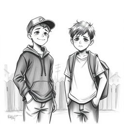 A poignant charcoal drawing of two 12-year-old boys, friends parting ways in a bittersweet farewell