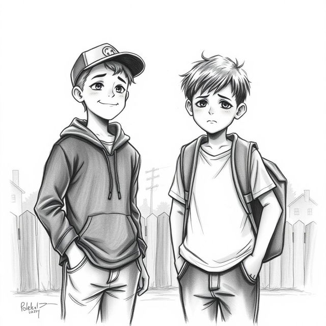A poignant charcoal drawing of two 12-year-old boys, friends parting ways in a bittersweet farewell