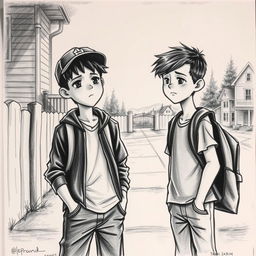A poignant charcoal drawing of two 12-year-old boys, friends parting ways in a bittersweet farewell