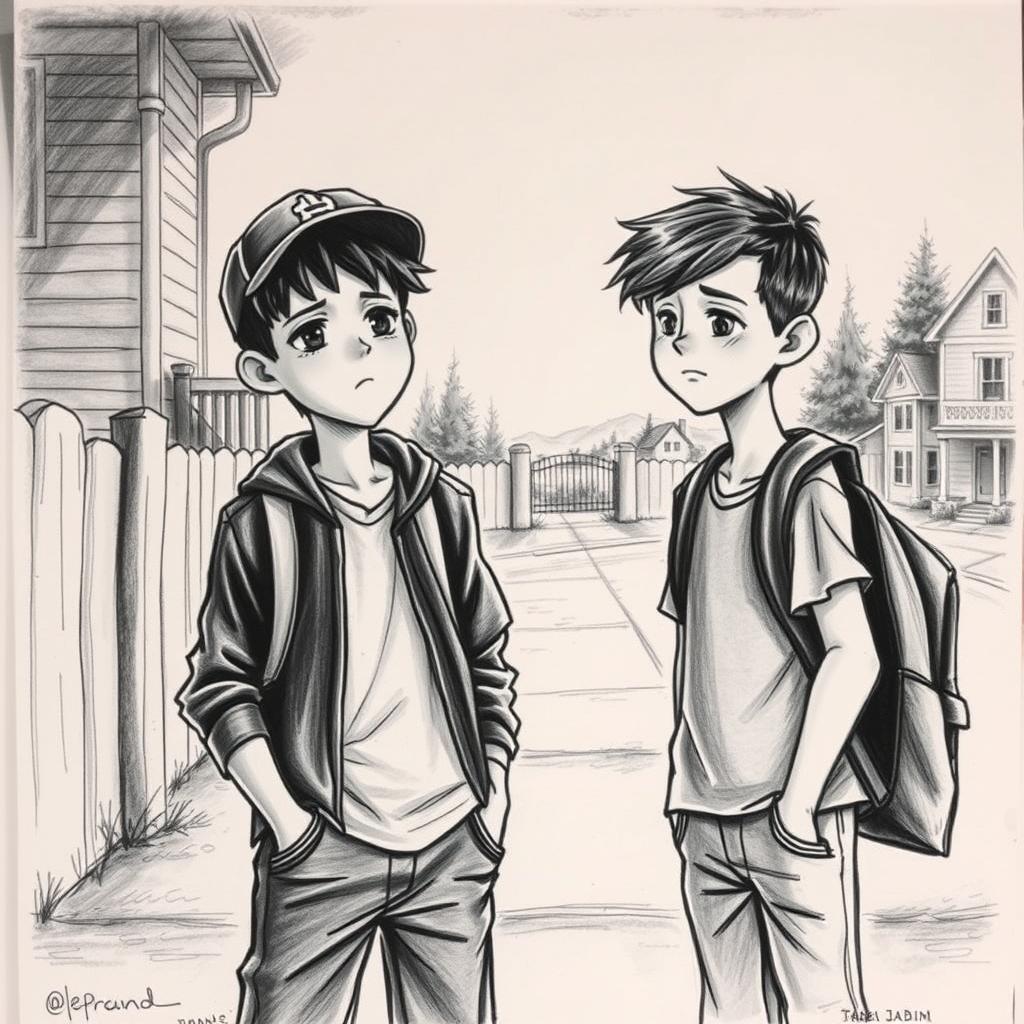 A poignant charcoal drawing of two 12-year-old boys, friends parting ways in a bittersweet farewell