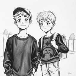 A poignant charcoal drawing of two 12-year-old boys, friends parting ways in a bittersweet farewell