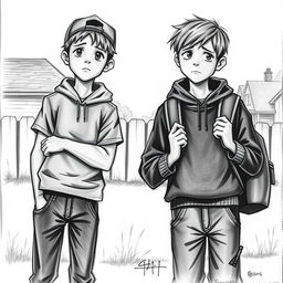 A poignant charcoal drawing of two 12-year-old boys, friends parting ways in a bittersweet farewell