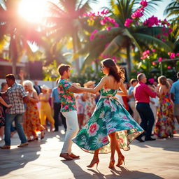 An energetic scene capturing the essence of Cuban dancing on a bright summer day