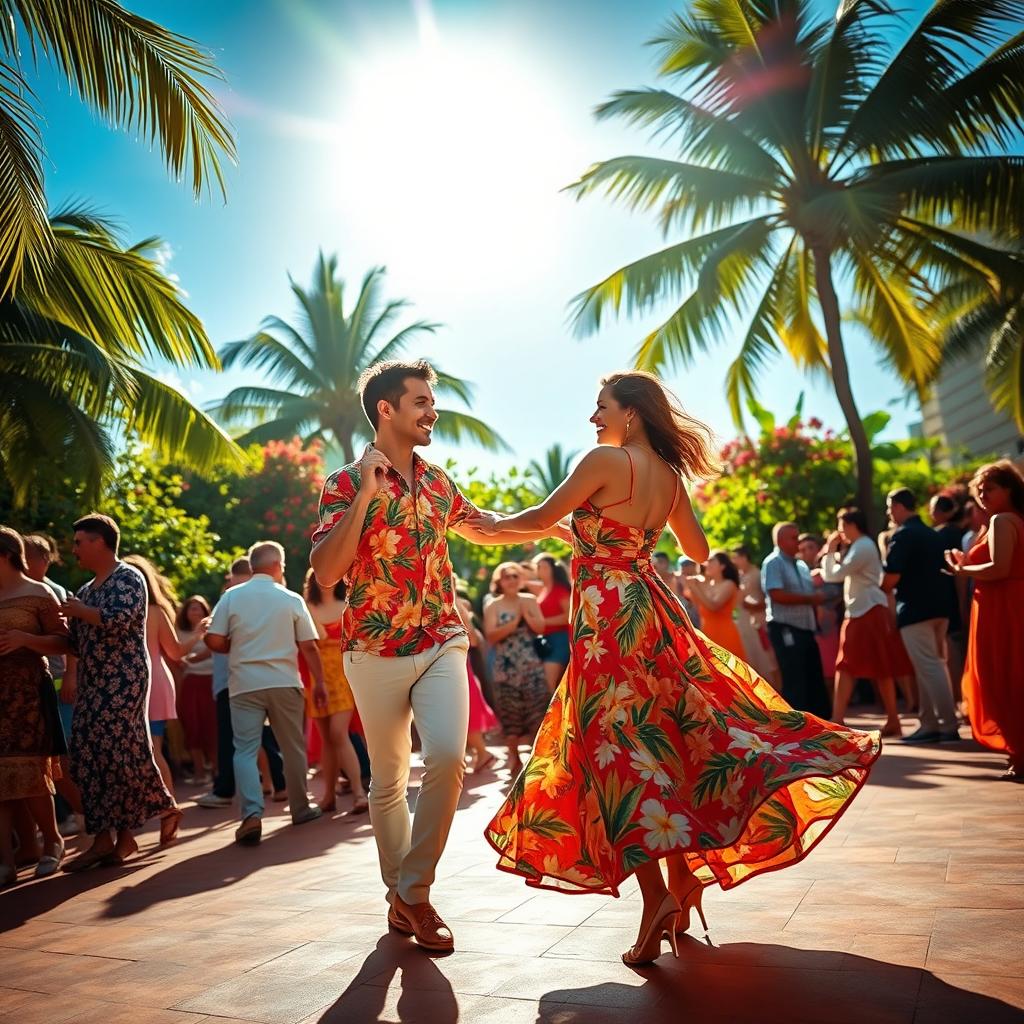 An energetic scene capturing the essence of Cuban dancing on a bright summer day