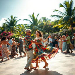 An energetic scene capturing the essence of Cuban dancing on a bright summer day