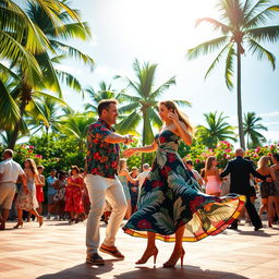 An energetic scene capturing the essence of Cuban dancing on a bright summer day