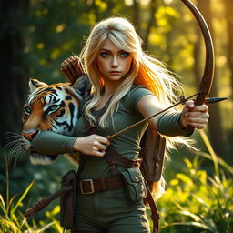 A young female blonde human ranger, dressed in rugged outdoors gear, wielding a beautifully crafted bow