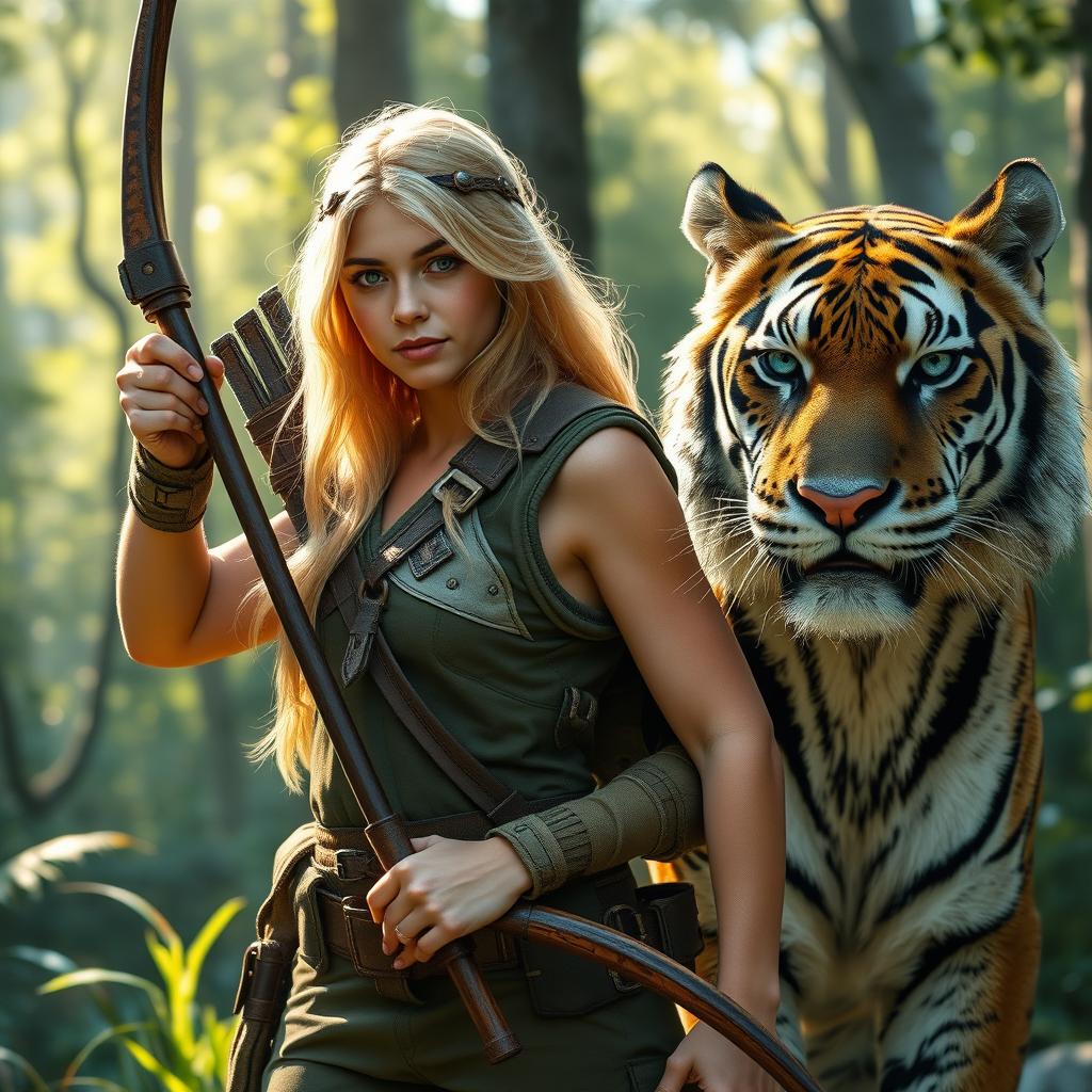 A young female blonde human ranger, dressed in rugged outdoors gear, wielding a beautifully crafted bow
