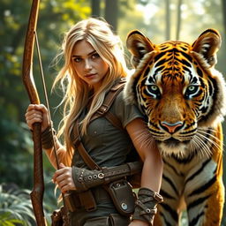 A young female blonde human ranger, dressed in rugged outdoors gear, wielding a beautifully crafted bow