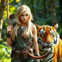 A young female blonde human ranger, dressed in rugged outdoors gear, wielding a beautifully crafted bow