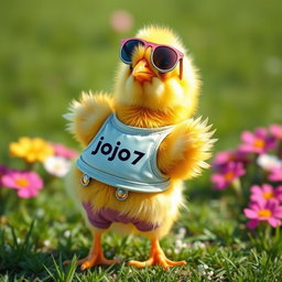 A cute yellow chick that looks very realistic, wearing a trendy and stylish girl’s outfit