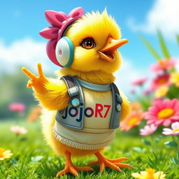 A cute yellow chick that looks very realistic, wearing a trendy and stylish girl’s outfit