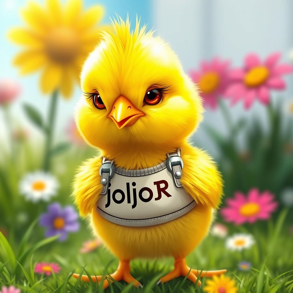 A cute yellow chick that looks very realistic, wearing a trendy and stylish girl’s outfit