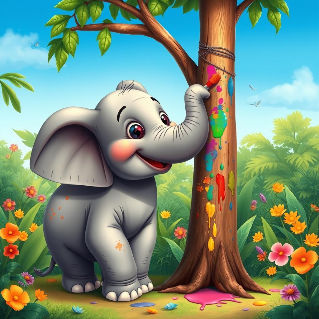 A charming scene depicting an elephant artistically painting a tree