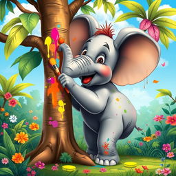 A charming scene depicting an elephant artistically painting a tree