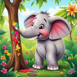 A charming scene depicting an elephant artistically painting a tree