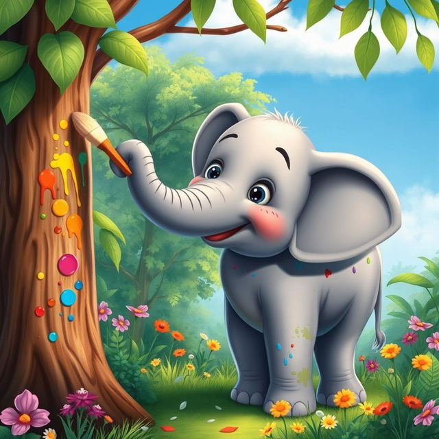 A charming scene depicting an elephant artistically painting a tree