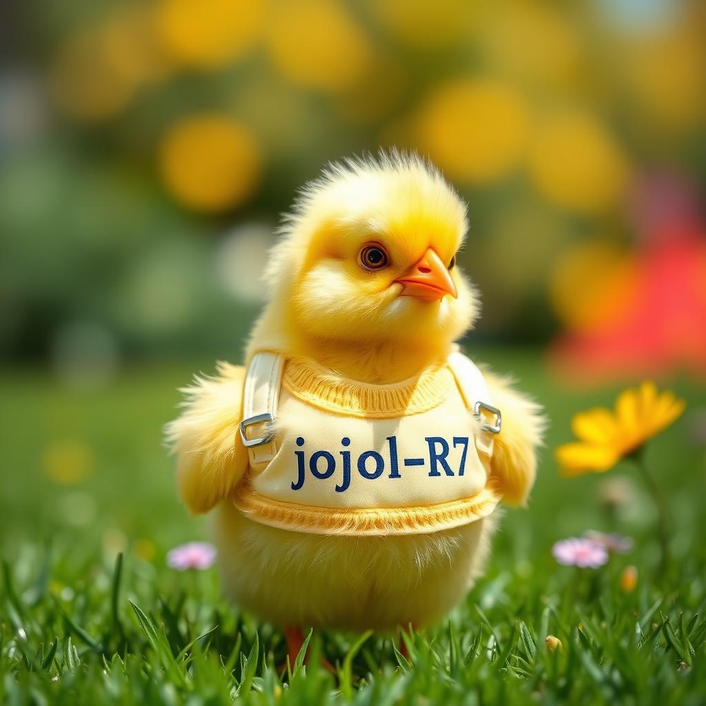 A cute yellow chick that looks very realistic, wearing a fashionable girl’s outfit